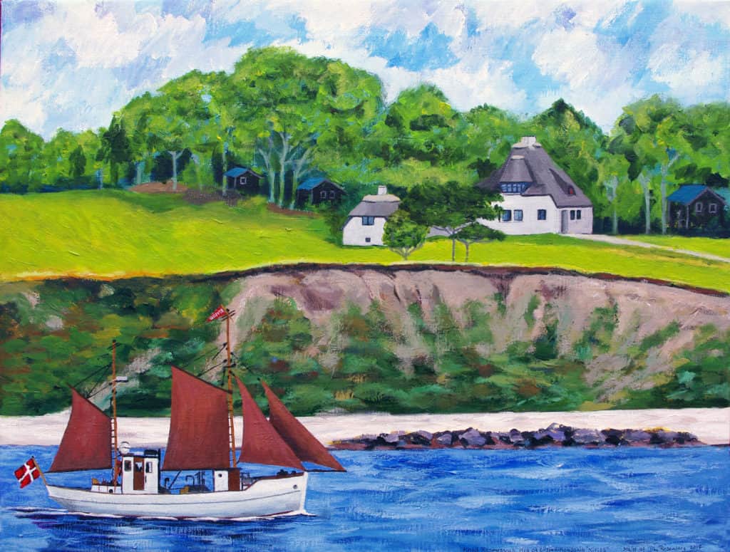 Kivioq sejler forbi Knud Rasmussens Hus. Maleri af Tina Rosenberg ejet af Kivioqs Venner Hundested